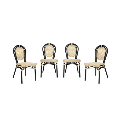 Merrick Lane Toulon Set Of Four Stacking Thonet Bistro Style Chair, Pe Cane Rattan Seat, And Metal Frame For Indoor/Outdoor Use
