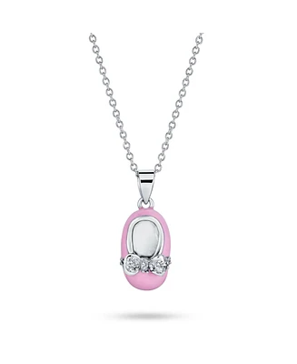 Bling Jewelry Charm Baby Shoe Pendant Necklace Gift New Mother Pink Enamel Bow Cz Accent Sterling Silver