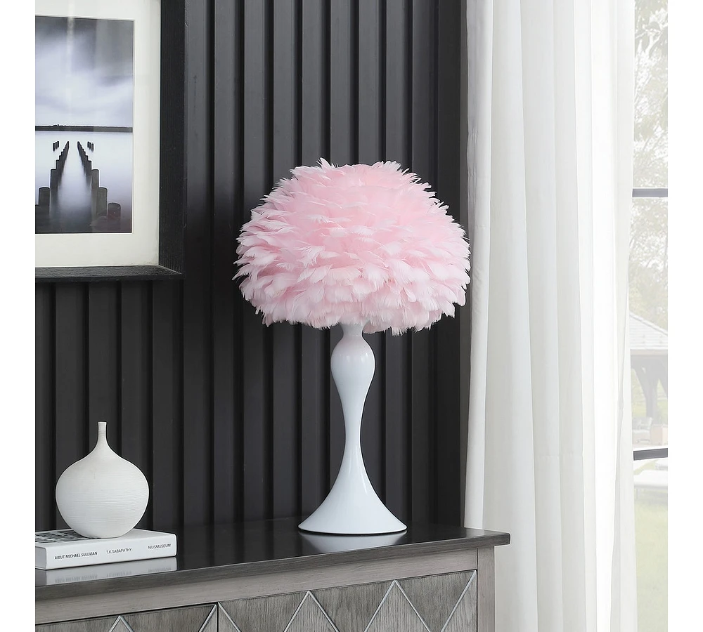 18.25"In Soft Pink Feather Aquina Crisp White Contour Glam Table Lamp