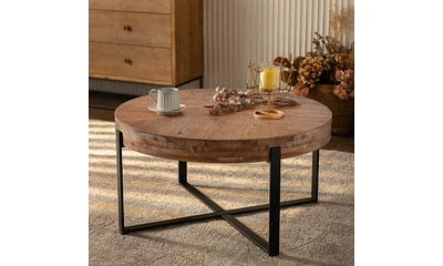 33.86"Modern Retro Splicing Round Coffee Table, Fir Wood Table Top With Black Cross Legs Base