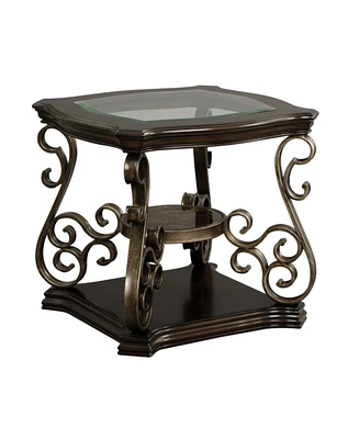 End Table, Glass Table Top, Mdf with Marble Paper Middle Shelf, Powder Coat Finish Metal Legs