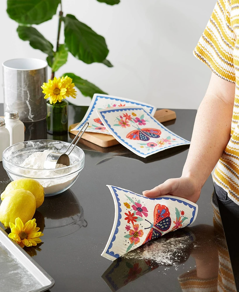 Design Imports Swedish Dishcloths for Kitchen Cleaning, Machine Washable Dishwasher Safe, 7.75 x 6.75", Butterfly Folk, 3 Piece
