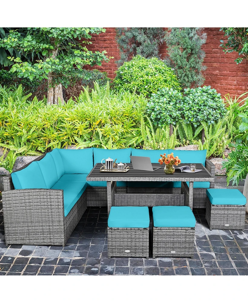 Gymax 7PCS Rattan Patio Sectional Sofa Set Conversation Set w/ Turquoise Cushions