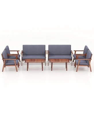 Pcs Patio Conversation Set Acacia Wood Sofa Coffee Table with Cushioned Seat