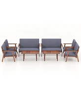 Pcs Patio Conversation Set Acacia Wood Sofa Coffee Table with Cushioned Seat