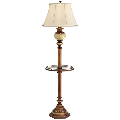 Kathy Ireland Hyde Park Rustic Vintage like Floor Lamp with Nightlight Glass Tray 65" Tall Bronze Gold Metal Pearl White Frosted Glass Fabric Bell Sha