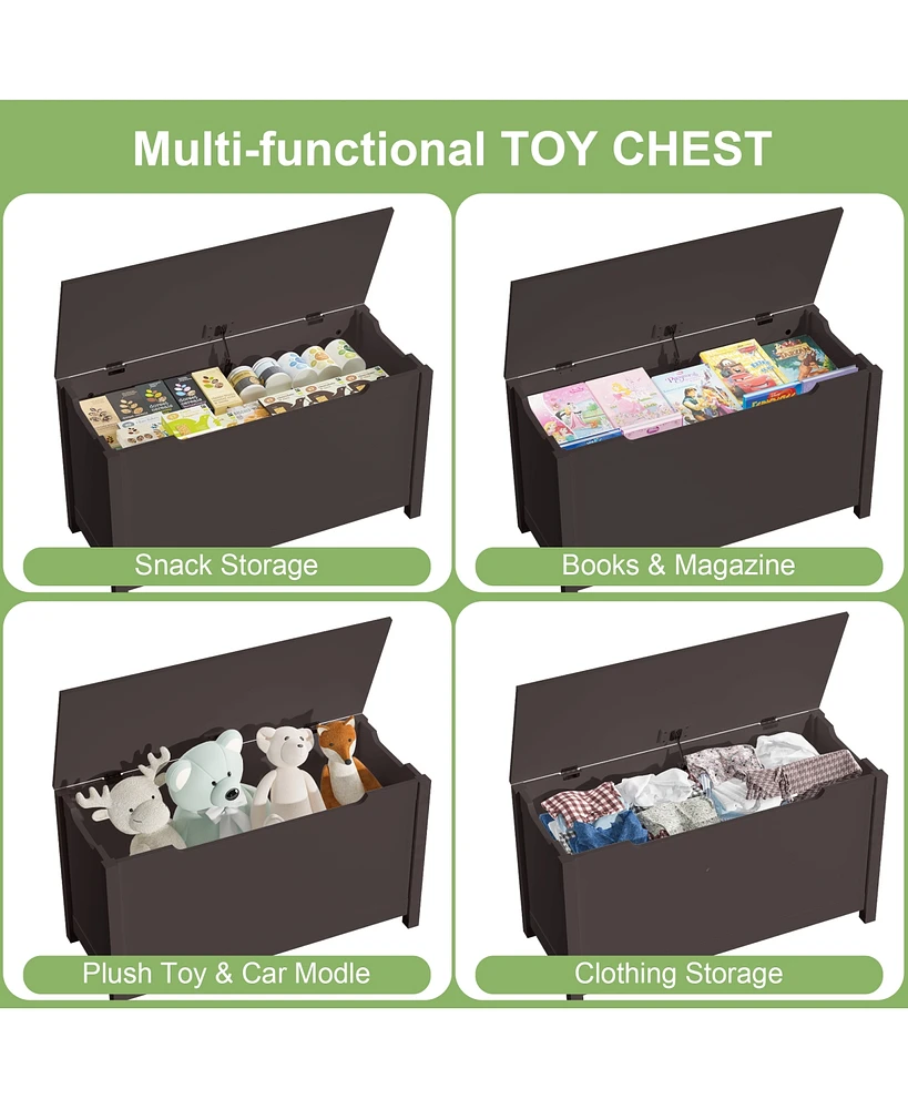 Kids Wooden Toy Box Storage With Safety Hinged Lid For Ages 3+ (Dark Brown)