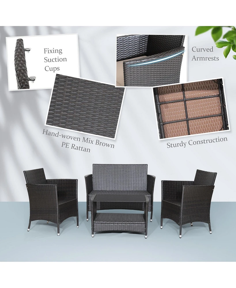 4PCS Patio Rattan Furniture Set Armrest Cushion Sofa Coffee Table withShelf Garden