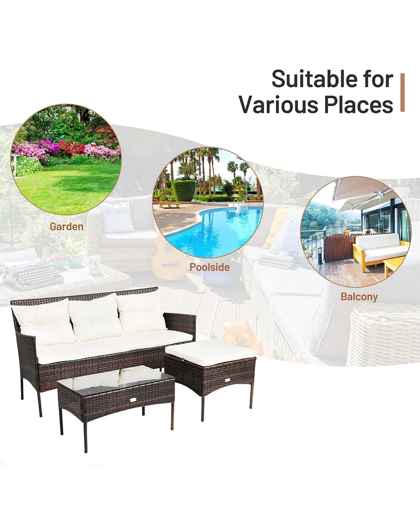 Gymax 3PCS Patio Rattan Sectional Conversation Furniture Set w/ Off White Cushions