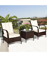 Gymax 3PCS Patio Outdoor Rattan Conversation Set Furniture Set w/ Table Cushions