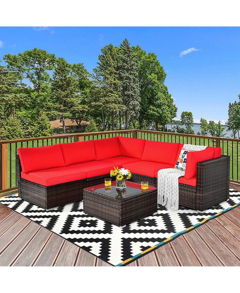 Gymax 6PCS Rattan Outdoor Sectional Sofa Set Patio Furniture Set w/ Cushions