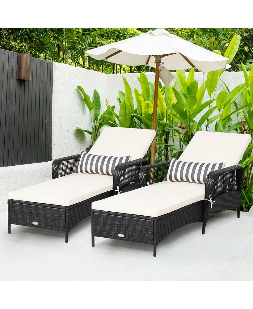 Gymax Set of 2 Adjustable Patio Rattan Lounge Chair Chaise Recliner w/ Cushion & Pillow