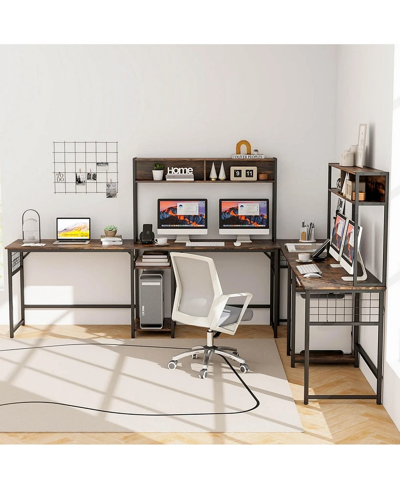 Costway L-shaped Desk with Power Outlet Large Corner Converts to 2-Person Long Rustic