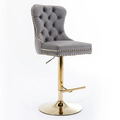 Gray Velvet Swivel Bar Stools, Set of 2