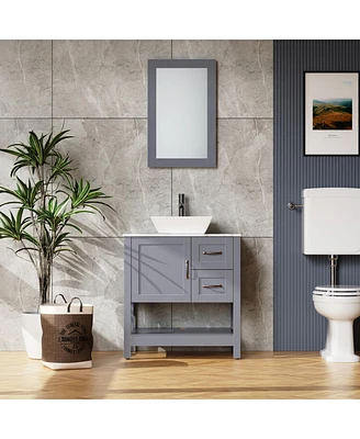 30" Gray Bathroom Vanity And Sink Combo Marble Pattern Top with Mirror Faucet&Dra
