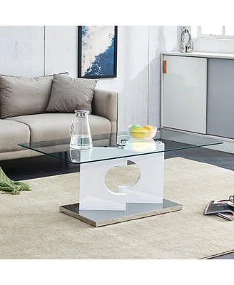 Rectangular modern coffee table with tempered glass top and white Mdf legs, perfect for living room