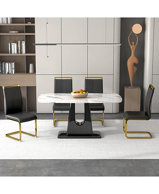 1 table and 4 chairs. Modern, simple and luxurious white imitation marble rectangular dining table and desk with 4 black Pu gold plated leg chairs 63&