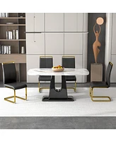 1 table and 4 chairs. Modern, simple and luxurious white imitation marble rectangular dining table and desk with 4 black Pu gold plated leg chairs 63&