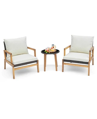 3 Pcs Outdoor Furniture Set with Cushioned Chairs and Tempered Glass Side Table