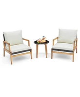3 Pcs Outdoor Furniture Set with Cushioned Chairs and Tempered Glass Side Table
