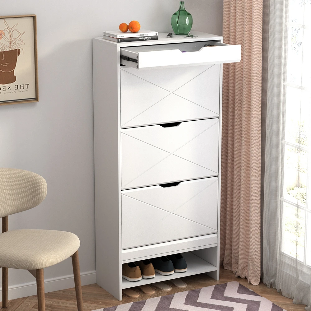 Mdf Wood 3 Tier Tipping Bucket Shoe Storage Cabinet - White Finish