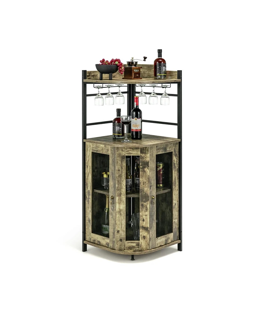 Sugift Industrial Corner Bar Cabinet with Glass Holder and Adjustable Shelf
