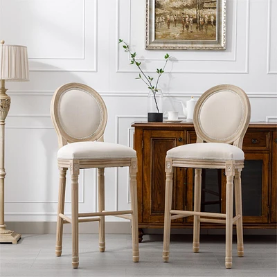 French Country Wooden Barstools With Upholstered Seating, And, Set Of 2