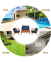 8PCS Patio Rattan Furniture Set Acacia Wood Frame Cushioned Sofa Chair Navy