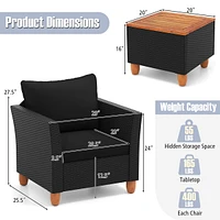 3PCS Patio Rattan Furniture Set Cushioned Sofa Storage Table with Wood Top