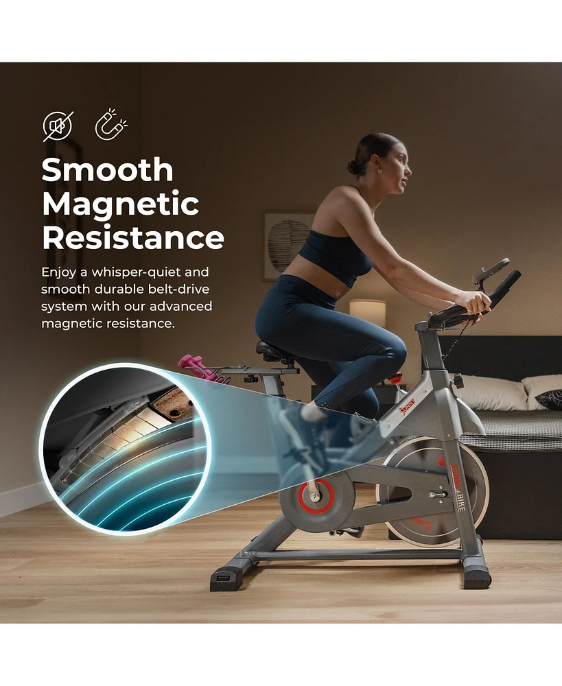 Sunny Health & Fitness Smart Indoor Cycling Magnetic Resistance Exercise Bike with Pulse Sensor, Dumbbell Holder, Bluetooth Connectivity with SunnyFit