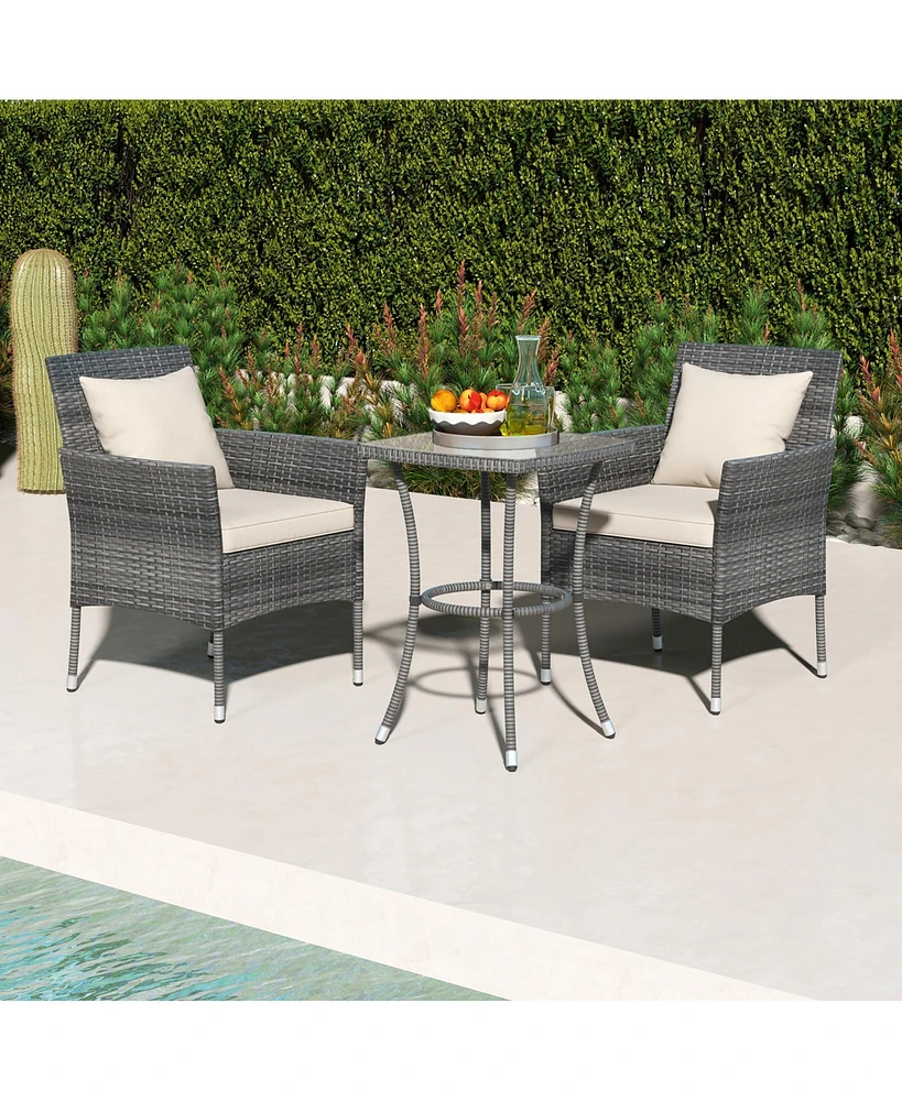 Gymax 3-Piece Patio Furniture Set Pe Wicker Conversation Bistro Set w/ A Tempered Glass Table