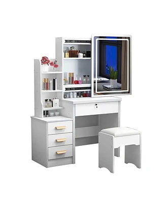 White Vanity Desk Set with Mirror, Lights and Chair