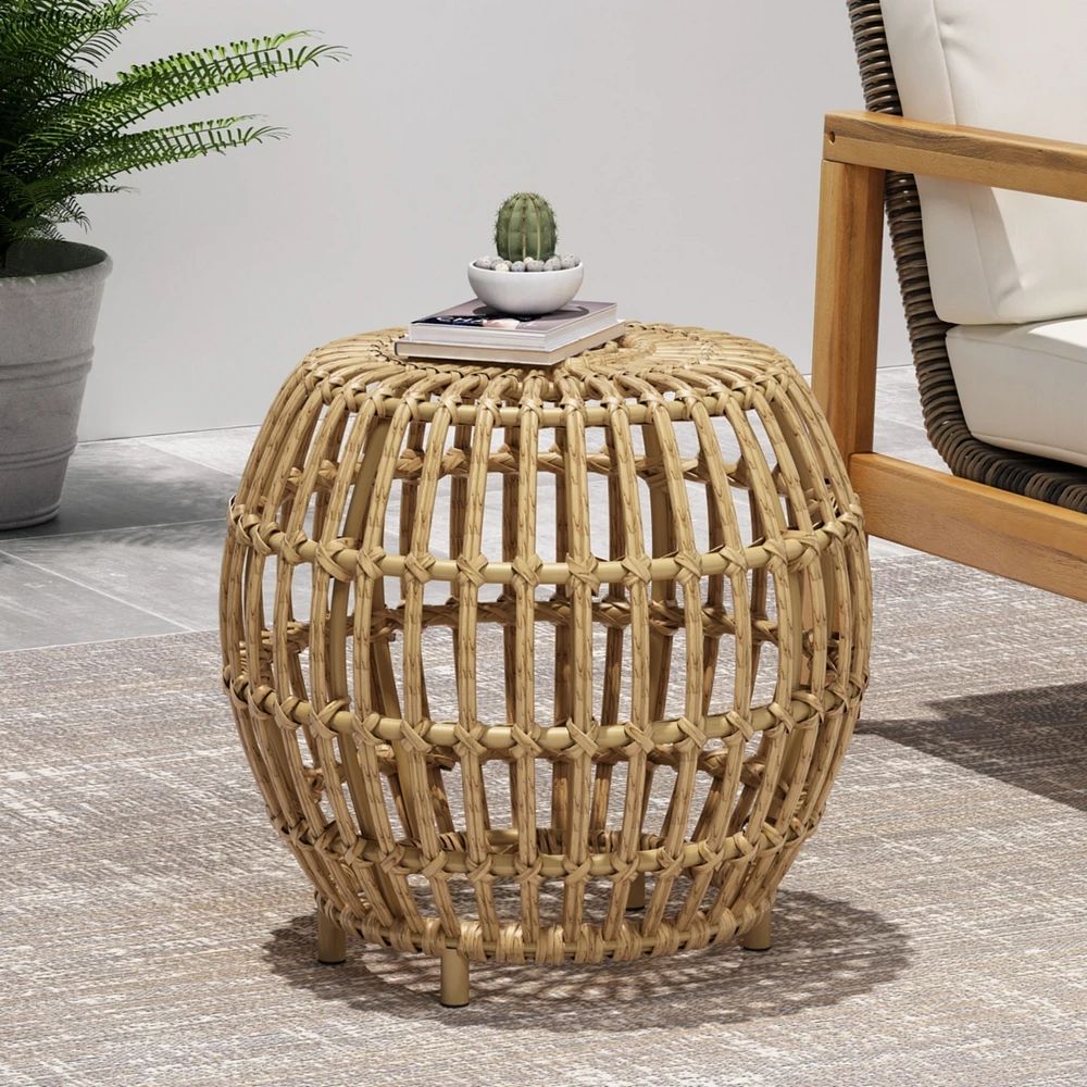 Handcrafted Faux Rattan Woven Side Table with Boho Style