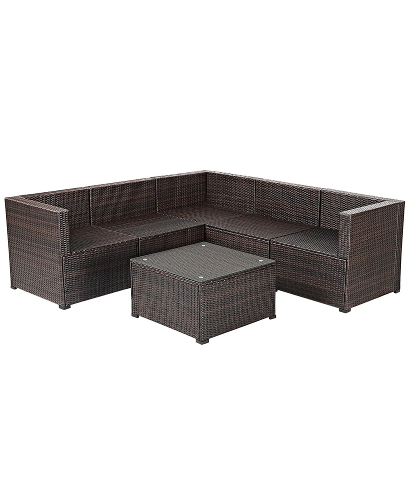 6PCS Patio Rattan Furniture Set Sectional Cushioned Sofa Deck