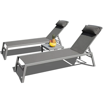 Aluminum Pool Lounge Set, 3 Pieces Textilene Recliner With Headrest