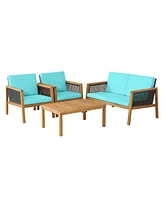 8PCS Patio Rattan Furniture Set Acacia Wood Cushioned Sofa