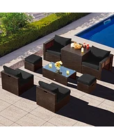 8PCS Patio Rattan Furniture Set Space-Saving Storage Cushion