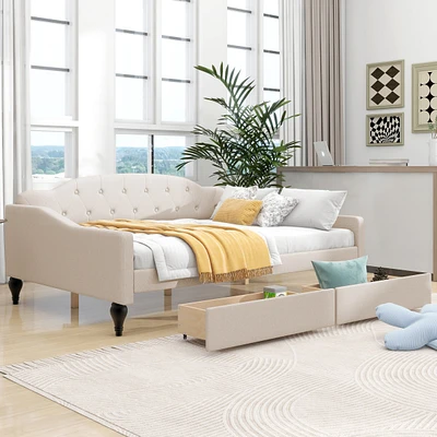 Full Size Upholstered Tufted Daybed With Two Drawers