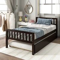 Twin Bed with Trundle, Platform Bed Frame with Headboard and Footboard, for Bedroom Small Living Space, No Box Spring Needed, Espresso