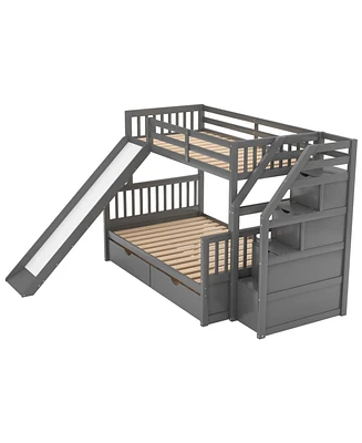 Twin Over Full Bunk Bed With Drawers, Storage And Slide, Multifunction