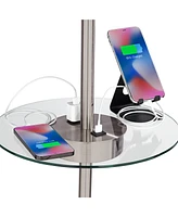 Caper Modern Floor Lamp with Tray Usb and Ac Power Outlet on Table Glass 60.5" Tall Satin Nickel White Fabric Drum Shade for Living Room Reading