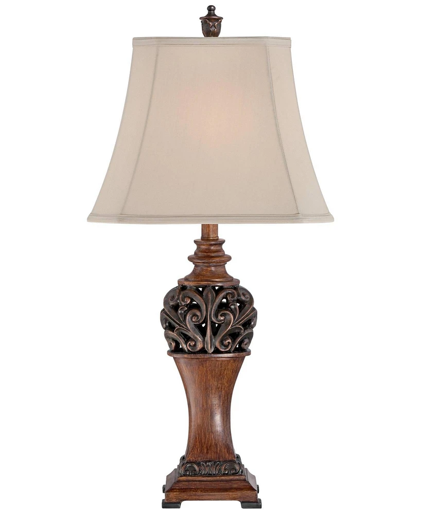Exeter Traditional Style Table Lamps 30" Tall Full Size Set of 2 Bronze Wood Carved Leaf Creme Rectangular Bell Shade Decor for Living Room Bedro
