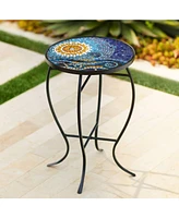 Ocean Scene Modern Black Metal Round Outdoor Accent Side Tables 14" Wide Set of 2 Set of 2 Blue Mosaic Tile Tabletop Gracefully Curved Legs for S