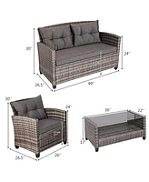8PCS Patio Rattan Furniture Set Coffee Table Cushioned Sofa Garden Lawn Gray