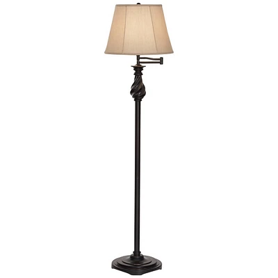 Regency Hill Traditional Adjustable Swing Arm Floor Lamp 58" Tall Painted Restoration Black Bronze Swirl Font Faux Silk Beige Drum Shade for Living Ro