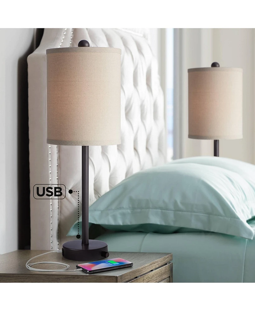Trotter Modern Industrial Table Lamps 23.75" High Set of 2 with Usb and Outlet in Base Dimmable Led Oil Rubbed Bronze Burlap Fabric Shades Living