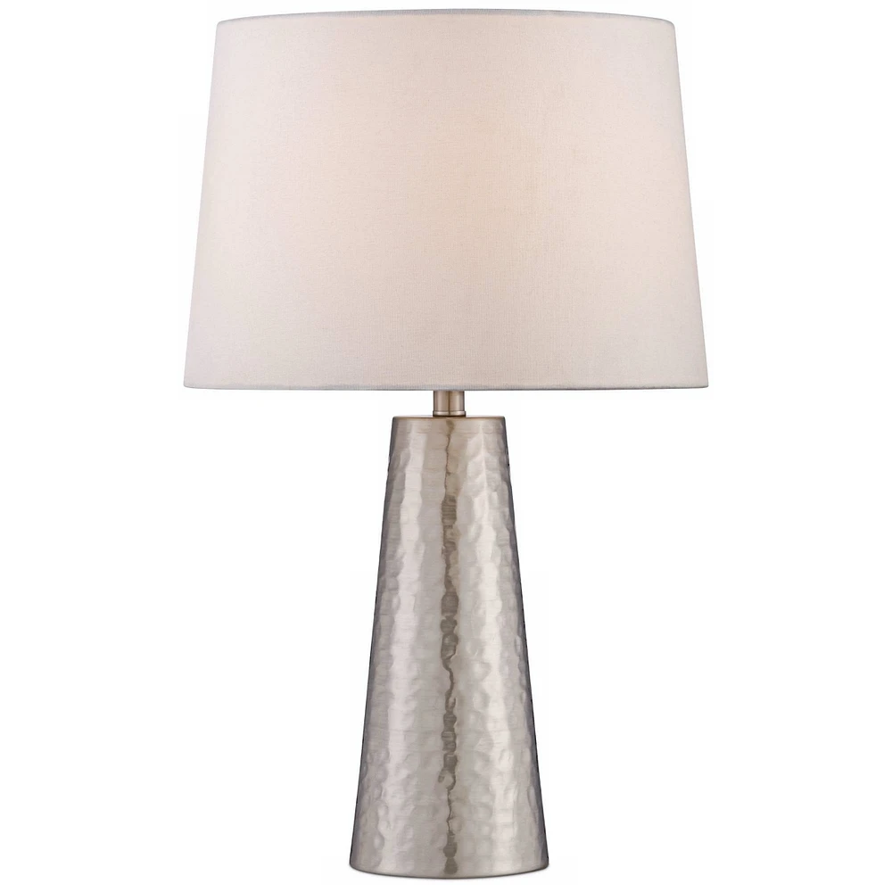 Modern Table Lamp 25 3/4" High Silver Leaf Hammered Textured Metal Off White Fabric Drum Shade Decor for Bedroom Living Room House Home Bedside N