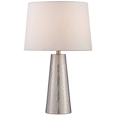 Modern Table Lamp 25 3/4" High Silver Leaf Hammered Textured Metal Off White Fabric Drum Shade Decor for Bedroom Living Room House Home Bedside N