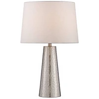 Modern Table Lamp 25 3/4" High Silver Leaf Hammered Textured Metal Off White Fabric Drum Shade Decor for Bedroom Living Room House Home Bedside N