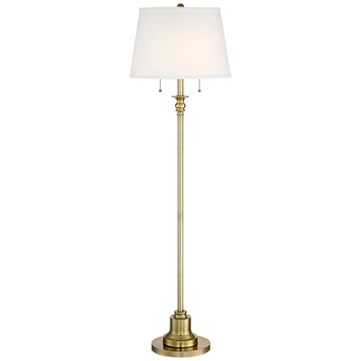 360 Lighting Spenser Traditional Floor Lamp Standing 58" Tall Brushed Antique Brass Gold Metal Thin Column Off-White Linen Fabric Empire Shade for Liv